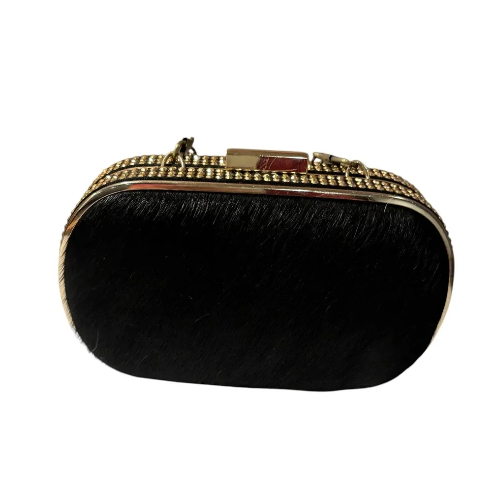 MMS‎ Black Pony Hair Studded Gold Frame Minaudiere Clutch Evening Bag